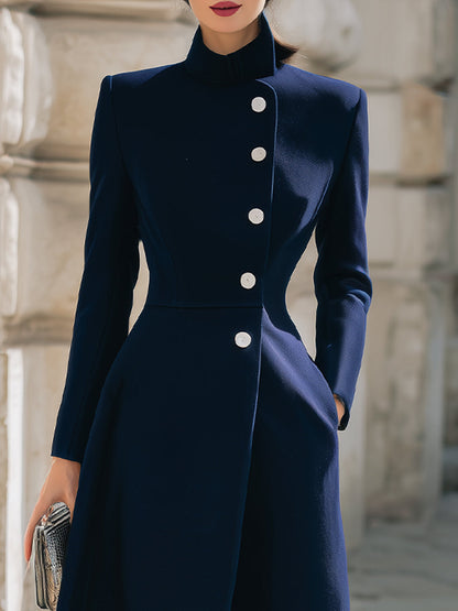Women's Navy Stand Collar Maxi Wool Coat