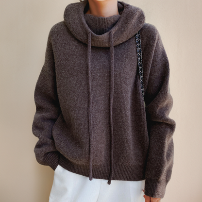 Women's Oversized Knit Jumper with Cowl Neck and Drawstring Hood