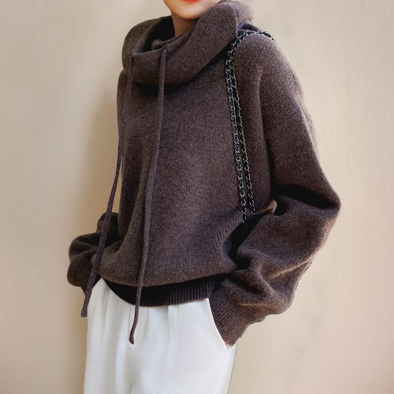 Women's Oversized Knit Jumper with Cowl Neck and Drawstring Hood