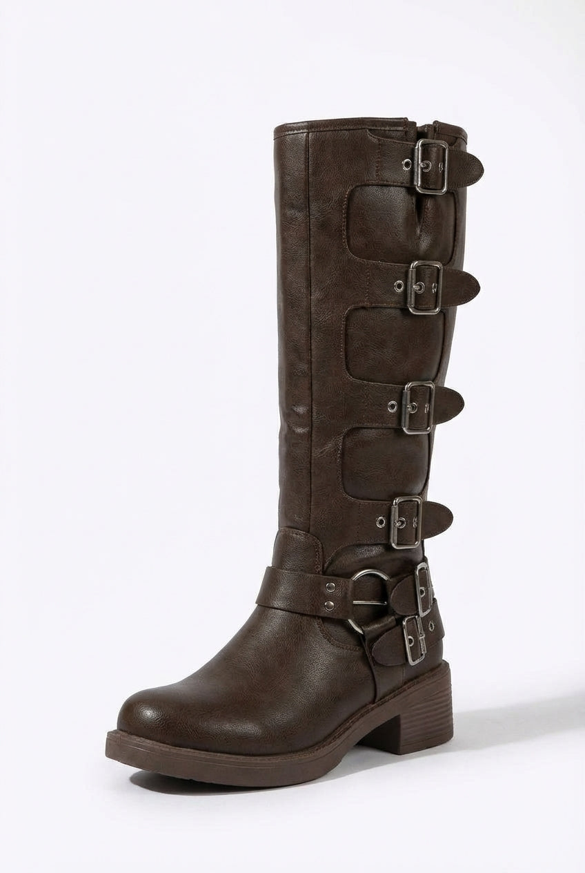 Xanthe | Dark Brown Buckle Strap Tall Biker Boots