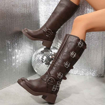 Xanthe | Dark Brown Buckle Strap Tall Biker Boots