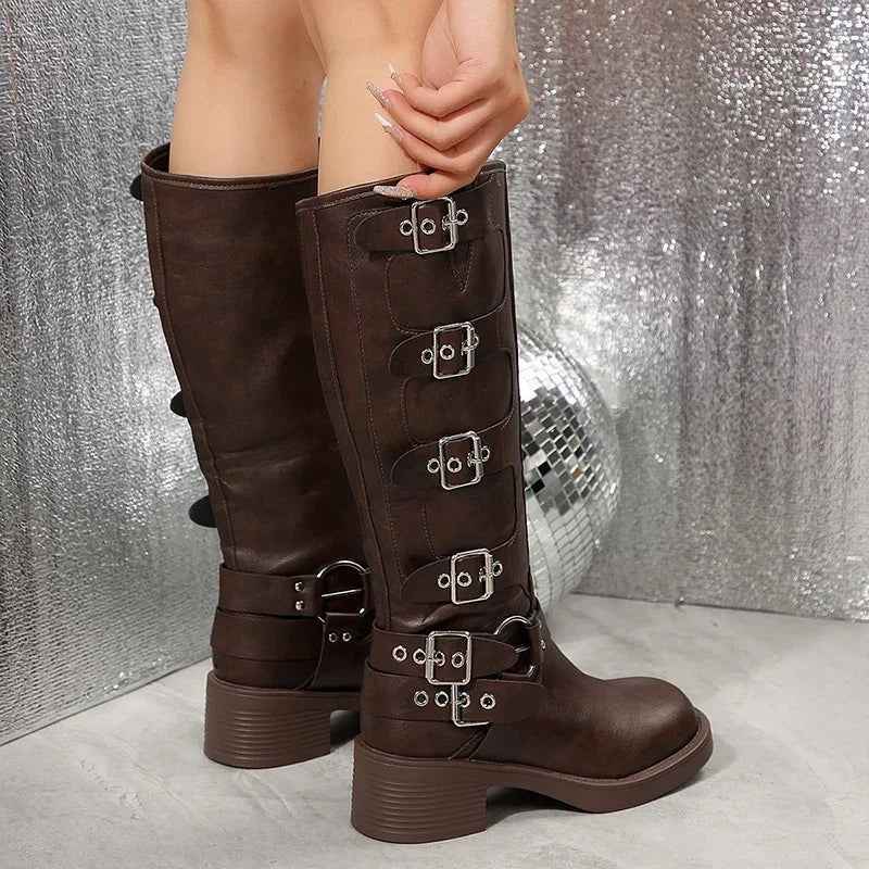 Xanthe | Dark Brown Buckle Strap Tall Biker Boots