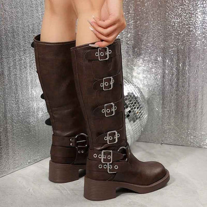 Xanthe | Dark Brown Buckle Strap Tall Biker Boots