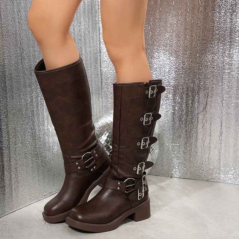 Xanthe | Dark Brown Buckle Strap Tall Biker Boots