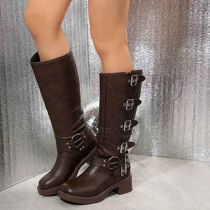 Xanthe | Dark Brown Buckle Strap Tall Biker Boots