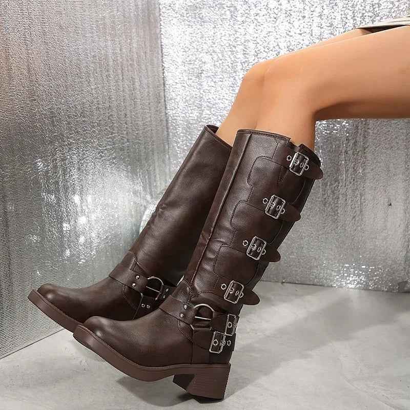 Xanthe | Dark Brown Buckle Strap Tall Biker Boots