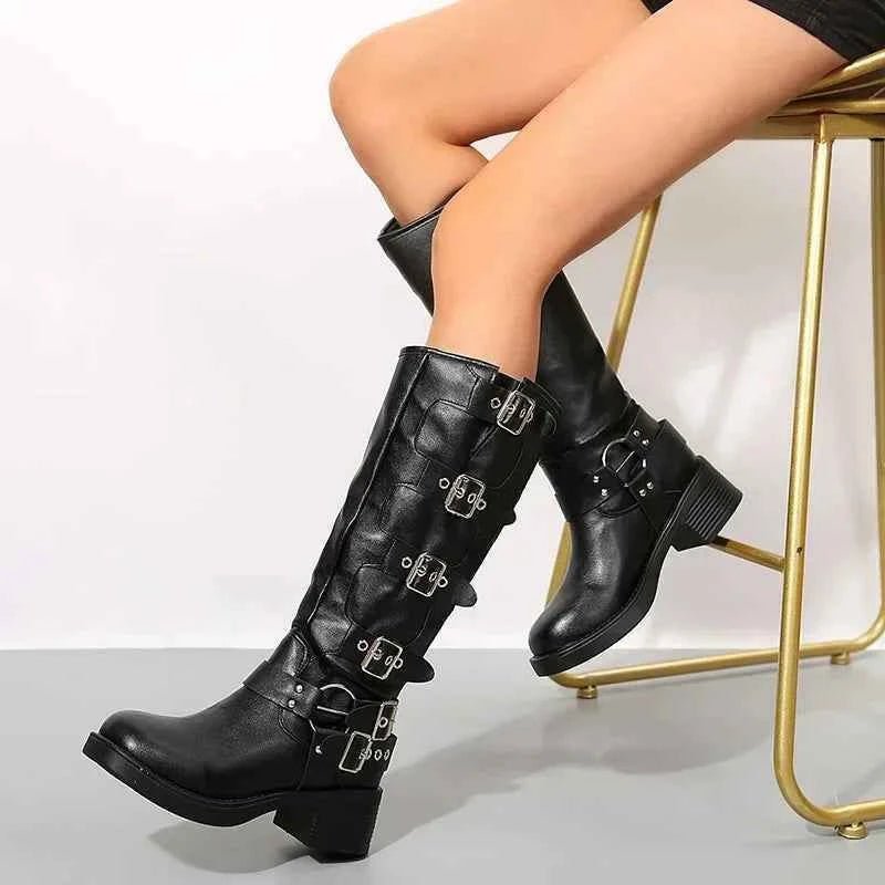 Xanthe | Dark Brown Buckle Strap Tall Biker Boots