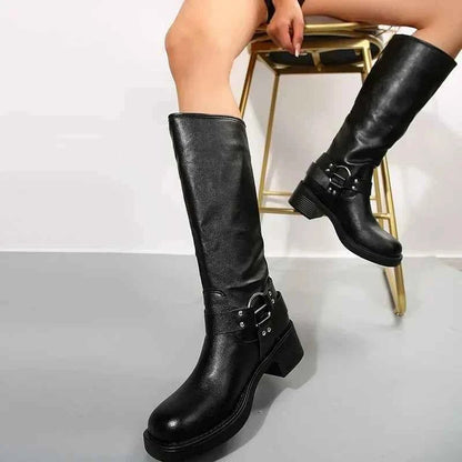 Xanthe | Dark Brown Buckle Strap Tall Biker Boots