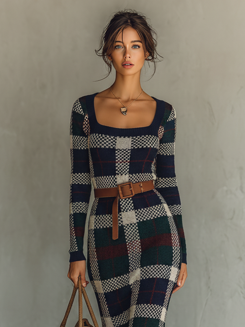 Women's Check Knit Belted Square Neck Maxi Dress