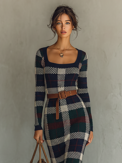 Women's Check Knit Belted Square Neck Maxi Dress