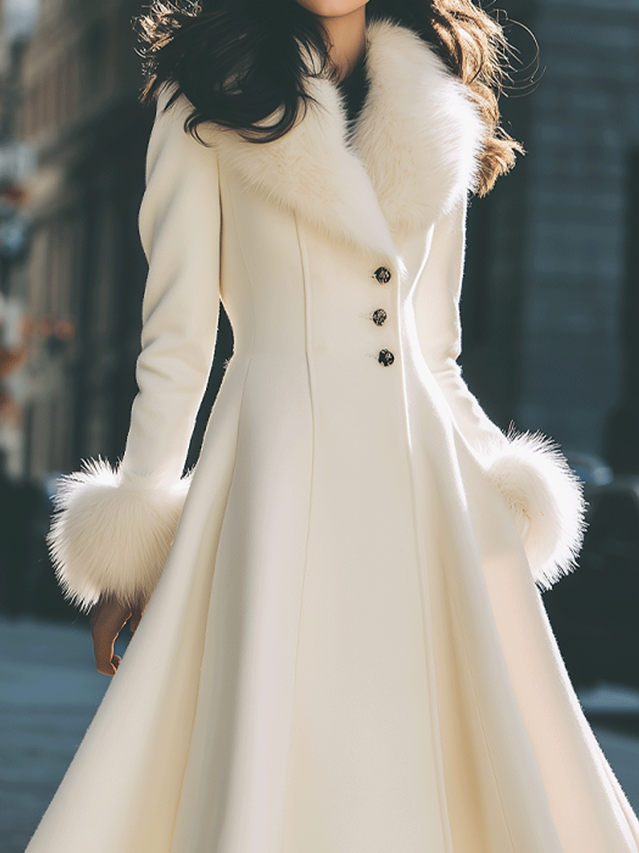 Women's Ivory Faux Fur Collar Flared Coat