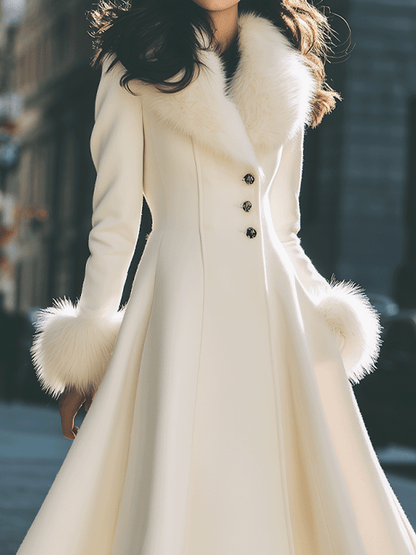 Women's Ivory Faux Fur Collar Flared Coat