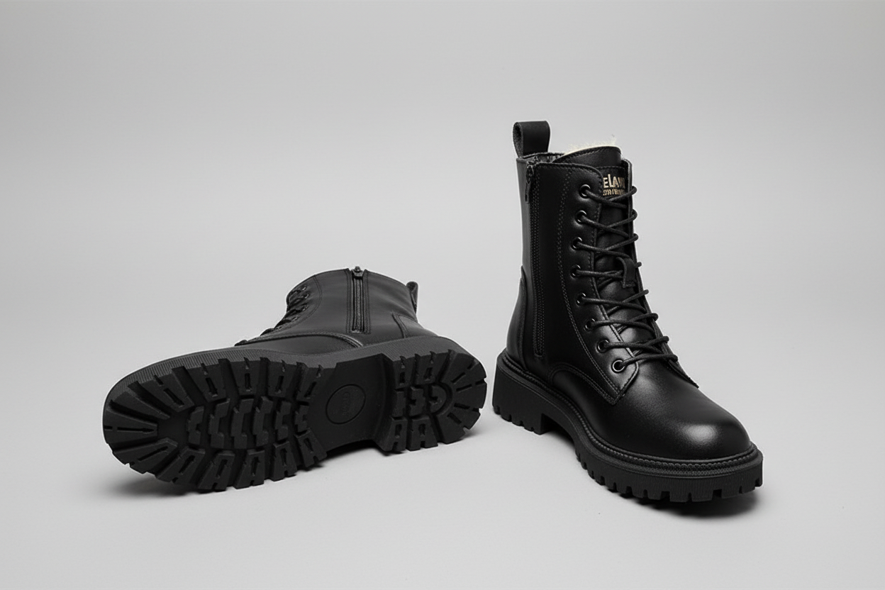 Wrenna | Black Leather Lace Up Fleece Lined Combat Boots