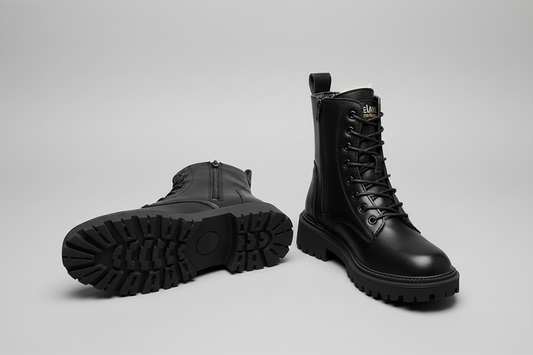 Wrenna | Black Leather Lace Up Fleece Lined Combat Boots