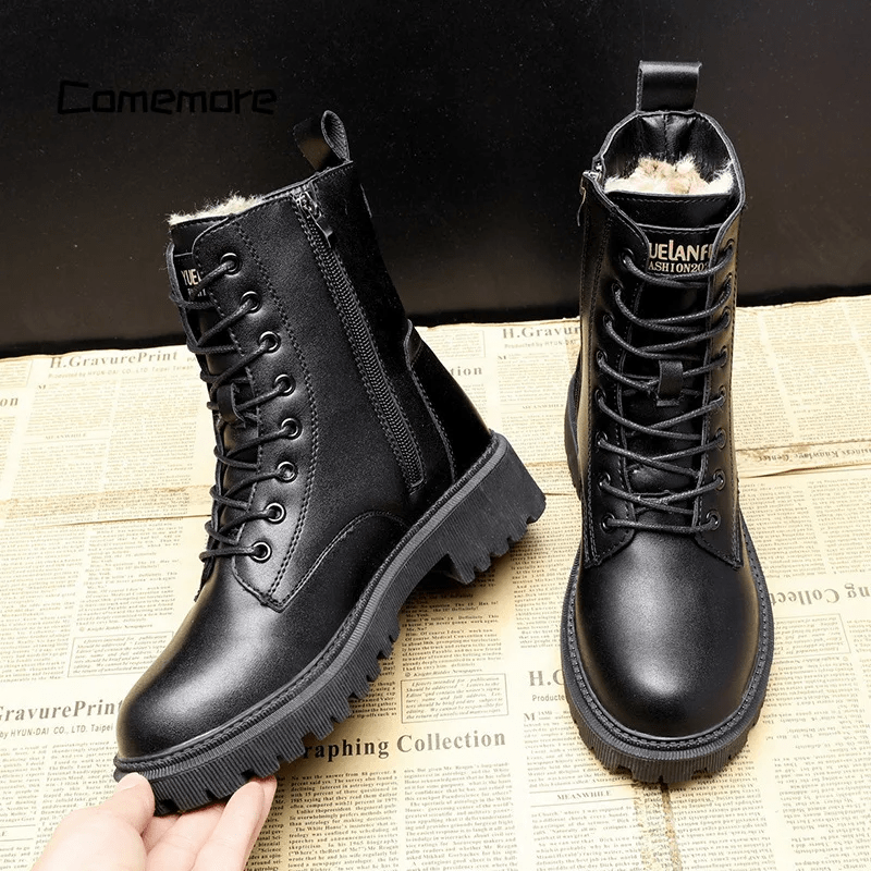 Wrenna | Black Leather Lace Up Fleece Lined Combat Boots