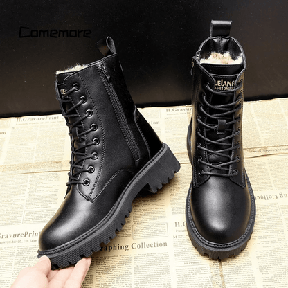Wrenna | Black Leather Lace Up Fleece Lined Combat Boots