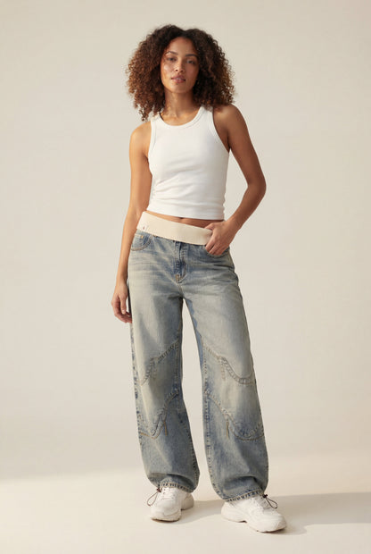Juniper | Light Wash Baggy Wide Leg Jeans with Elastic Waistband