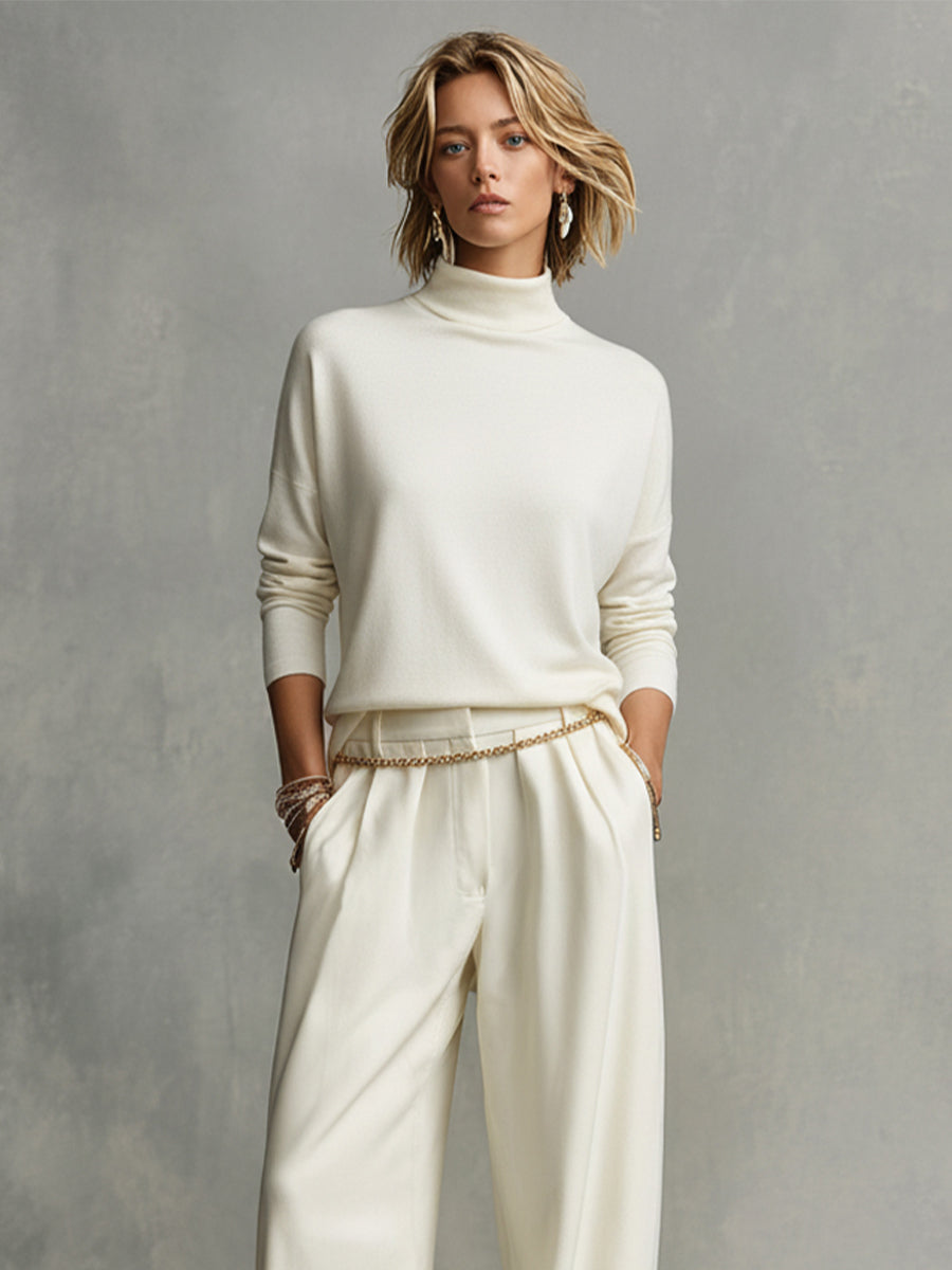Women's Ivory Oversized Knit Turtleneck Top