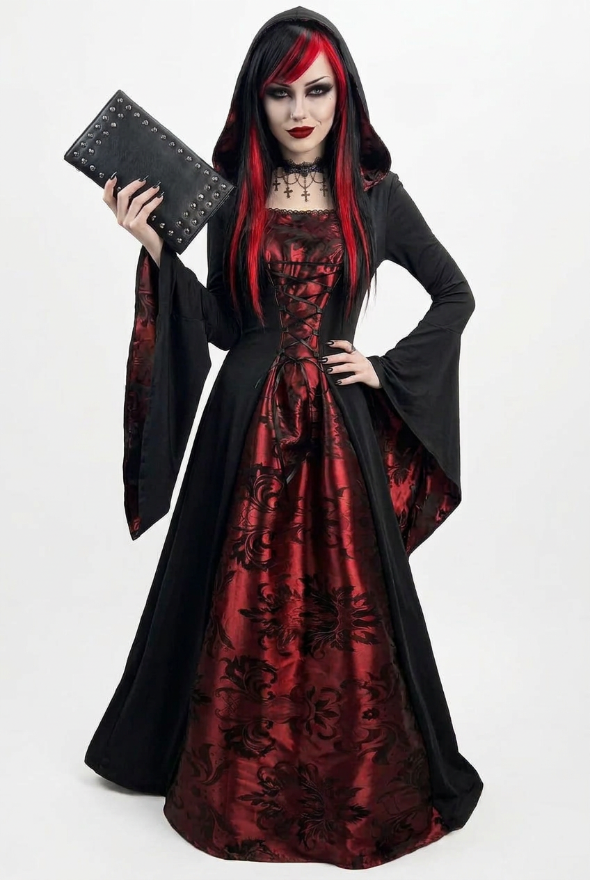 Rowena | Red and Black Hooded Medieval Witch Corset Gown