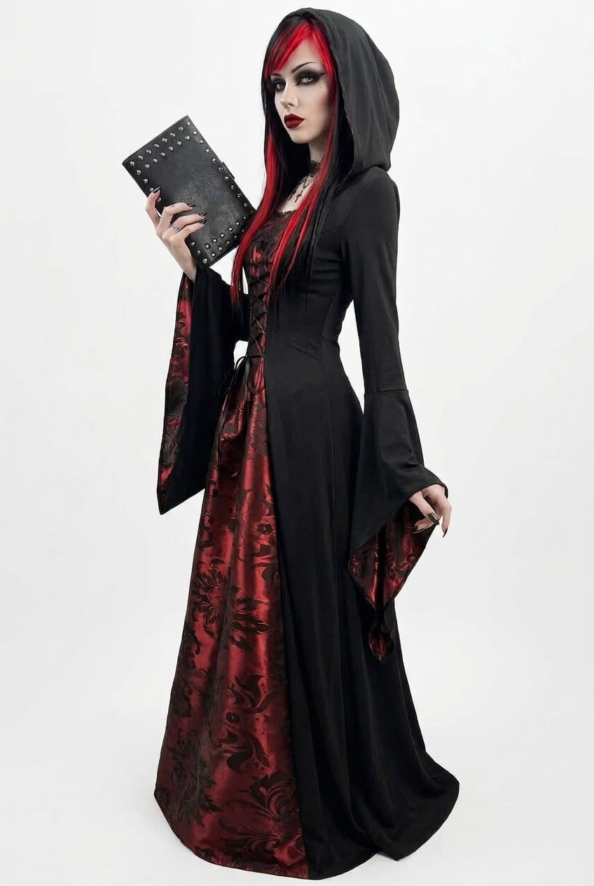 Rowena | Red and Black Hooded Medieval Witch Corset Gown