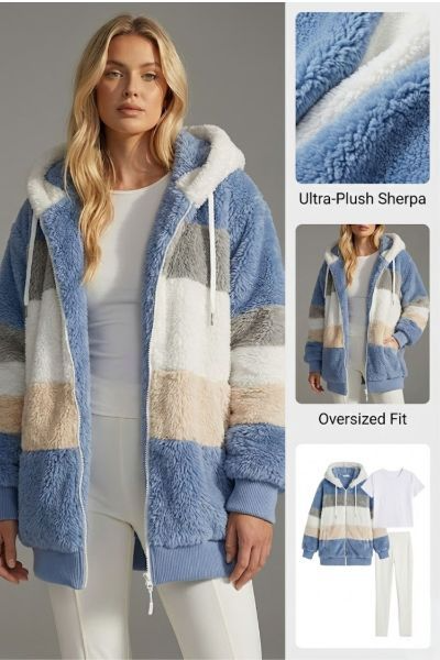Women's Oversized Teddy Jacket Striped Hooded Faux Fur Coat