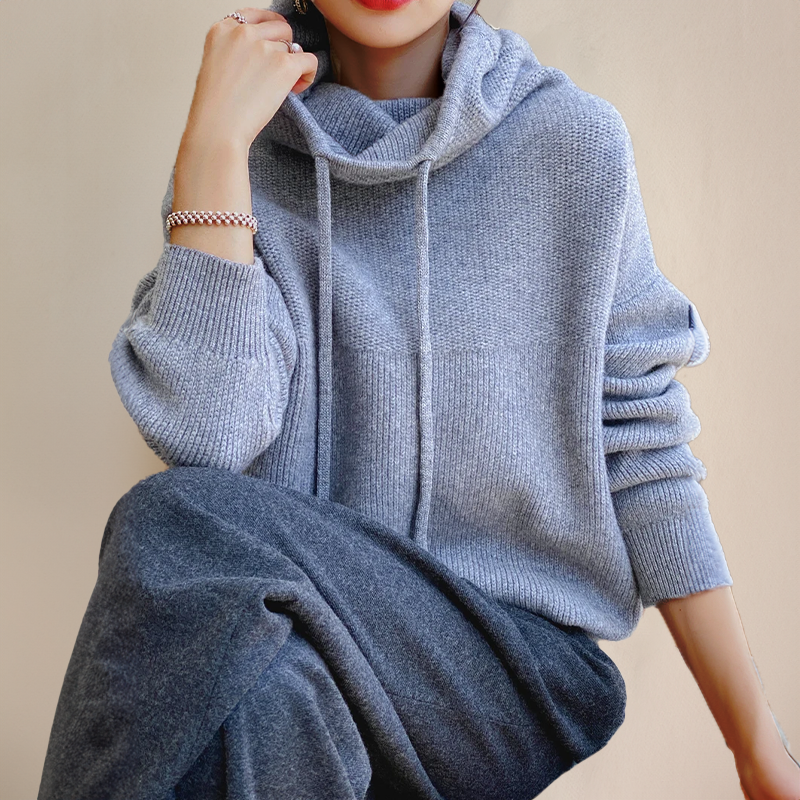 Women's Oversized Knit Jumper with Cowl Neck and Drawstring Hood