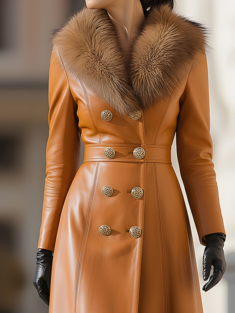 Women's Faux Leather Double-Breasted Coat with Faux Fur Collar