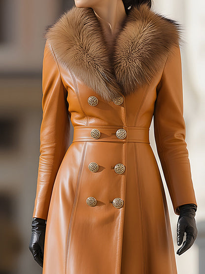 Women's Faux Leather Double-Breasted Coat with Faux Fur Collar