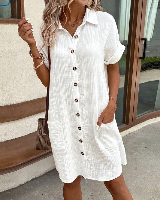 Melissa | V-neck Button Up Spring Linen T-Shirt Mini Dress
