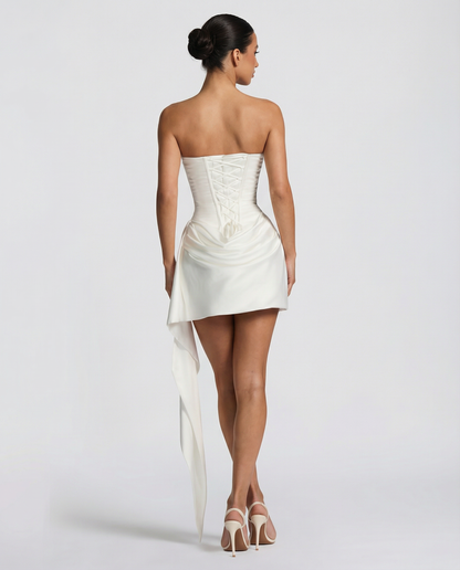 Fabienne | Black Satin Corset Draped Mini Dress with Scarf 9