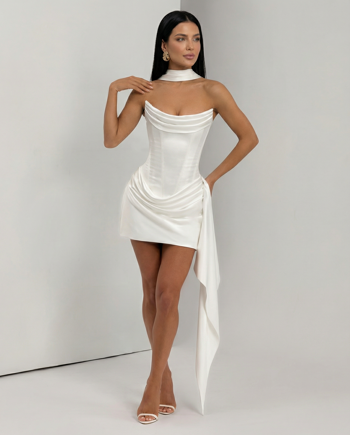 Fabienne | Black Satin Corset Draped Mini Dress with Scarf 11
