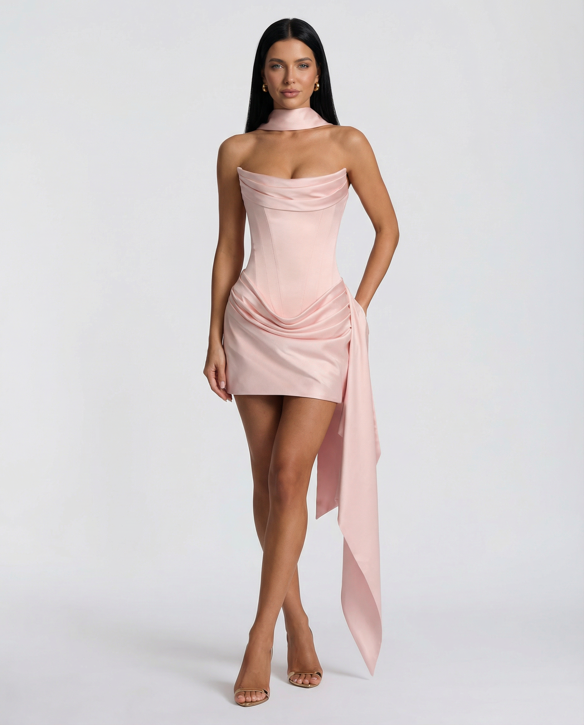 Fabienne | Black Satin Corset Draped Mini Dress with Scarf 12