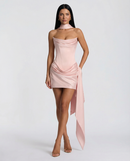 Fabienne | Black Satin Corset Draped Mini Dress with Scarf 12
