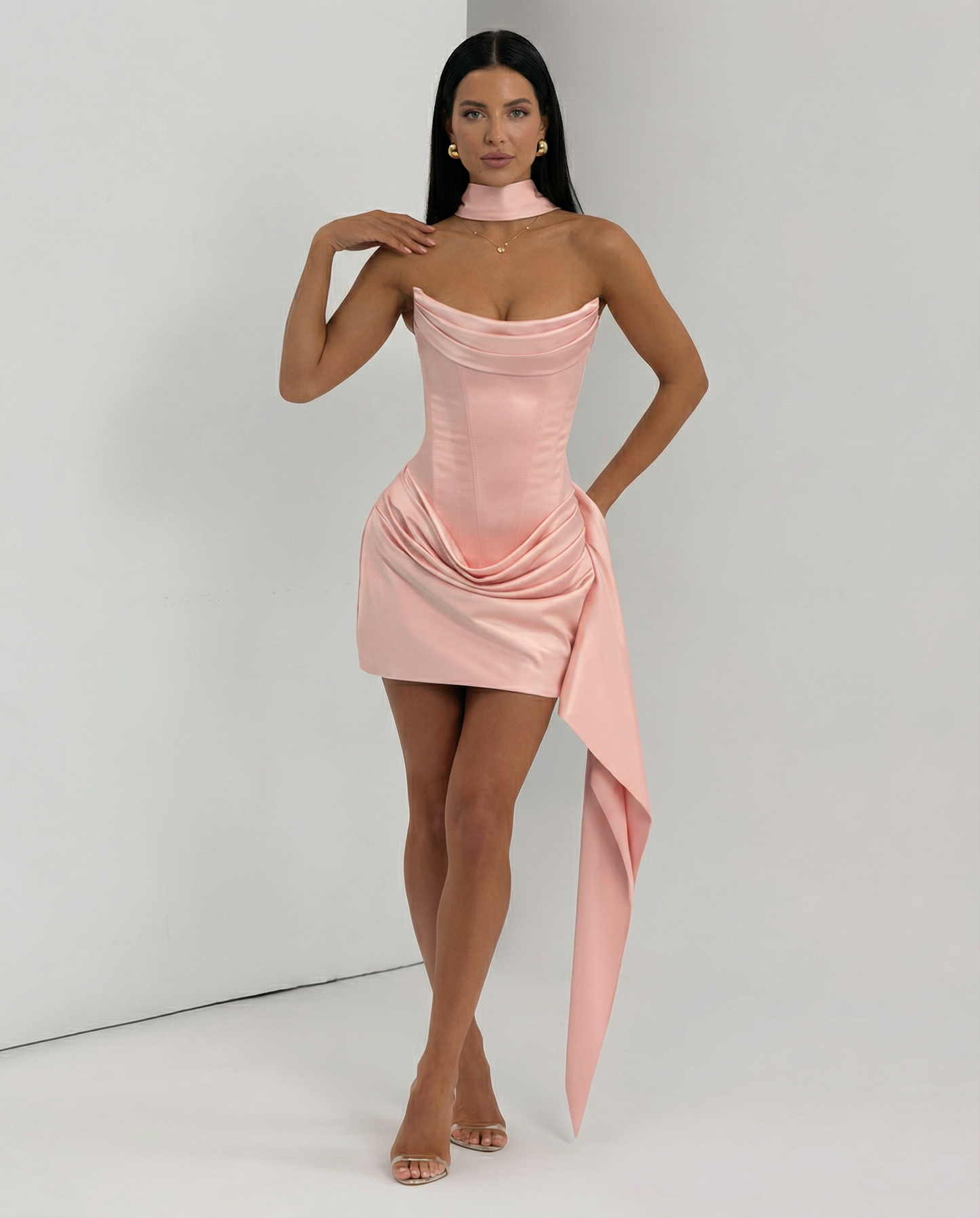 Fabienne | Black Satin Corset Draped Mini Dress with Scarf 15