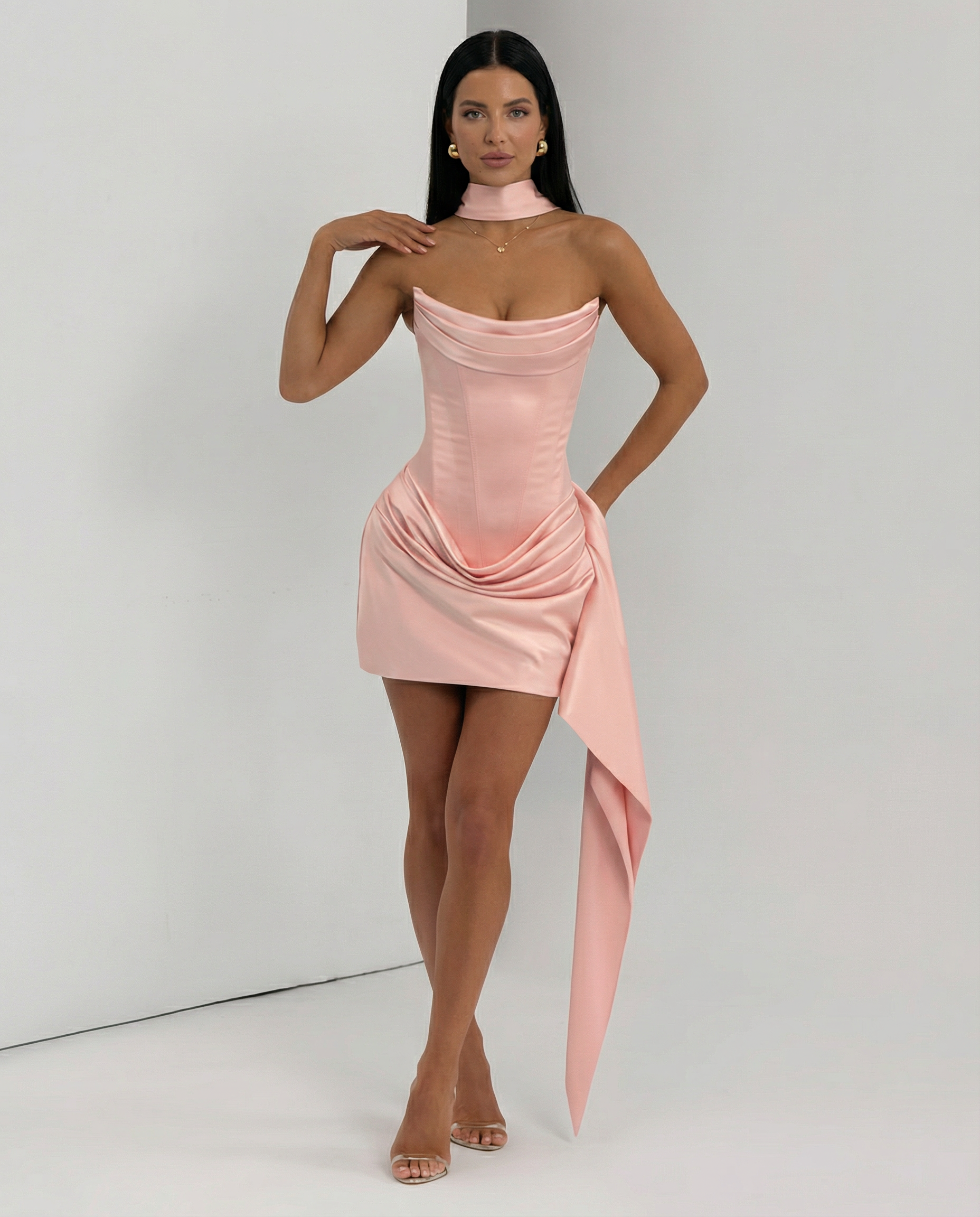 Fabienne | Black Satin Corset Draped Mini Dress with Scarf 15