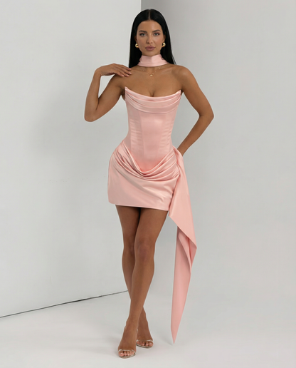Fabienne | Black Satin Corset Draped Mini Dress with Scarf 15