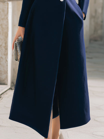 Women's Navy Stand Collar Maxi Wool Coat