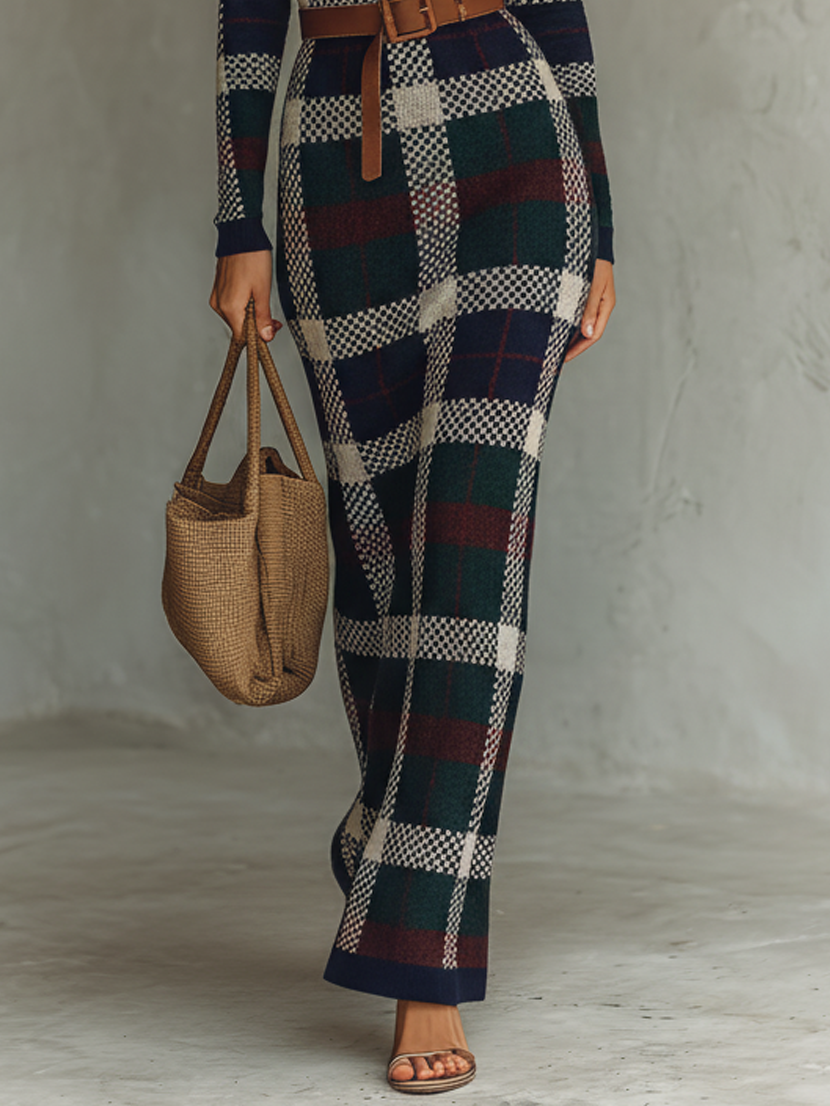 Women's Check Knit Belted Square Neck Maxi Dress
