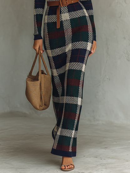 Women's Check Knit Belted Square Neck Maxi Dress