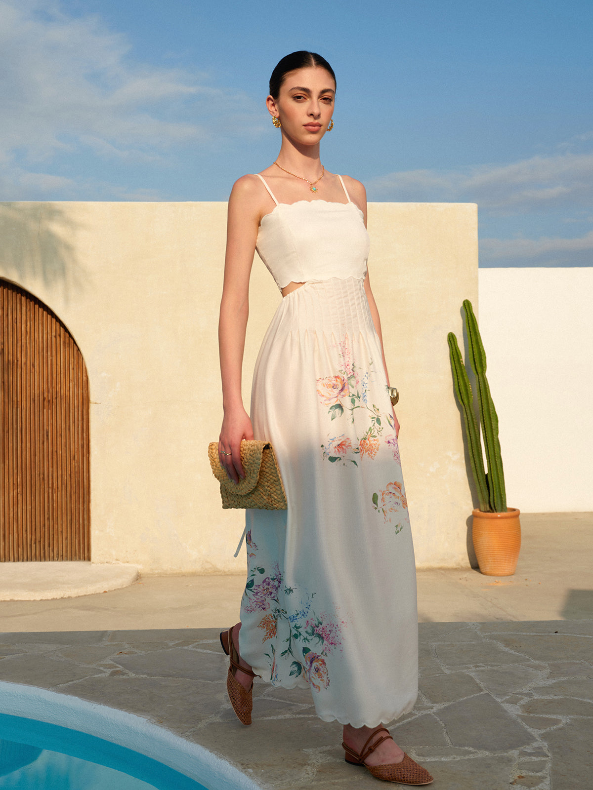 Stacey | Botanical Print Cutout Scallop Maxi Spring Dress