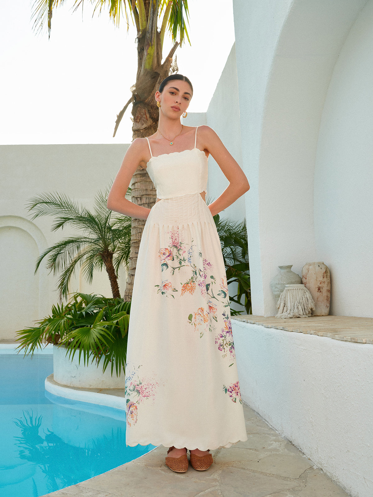 Stacey | Botanical Print Cutout Scallop Maxi Spring Dress