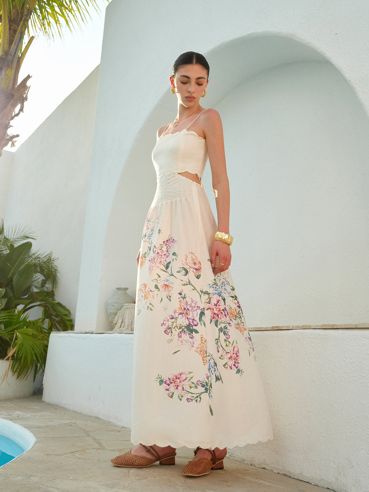 Stacey | Botanical Print Cutout Scallop Maxi Spring Dress