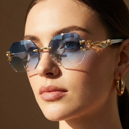 Women's Rimless Geometric Sunglasses with Sculptural Gold Panther Hardware Detail