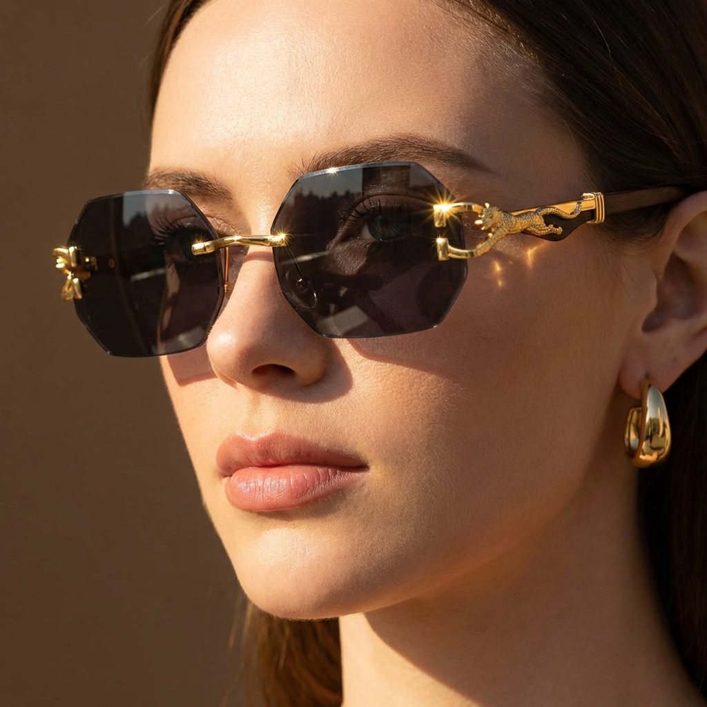 Women's Rimless Geometric Sunglasses with Sculptural Gold Panther Hardware Detail