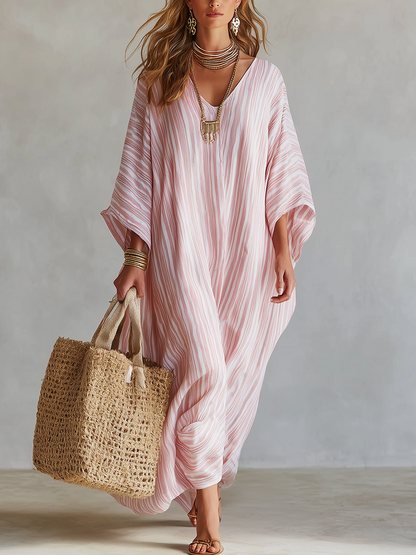 Kaftan | Soft Pink Striped Boho Vacation Maxi Dress