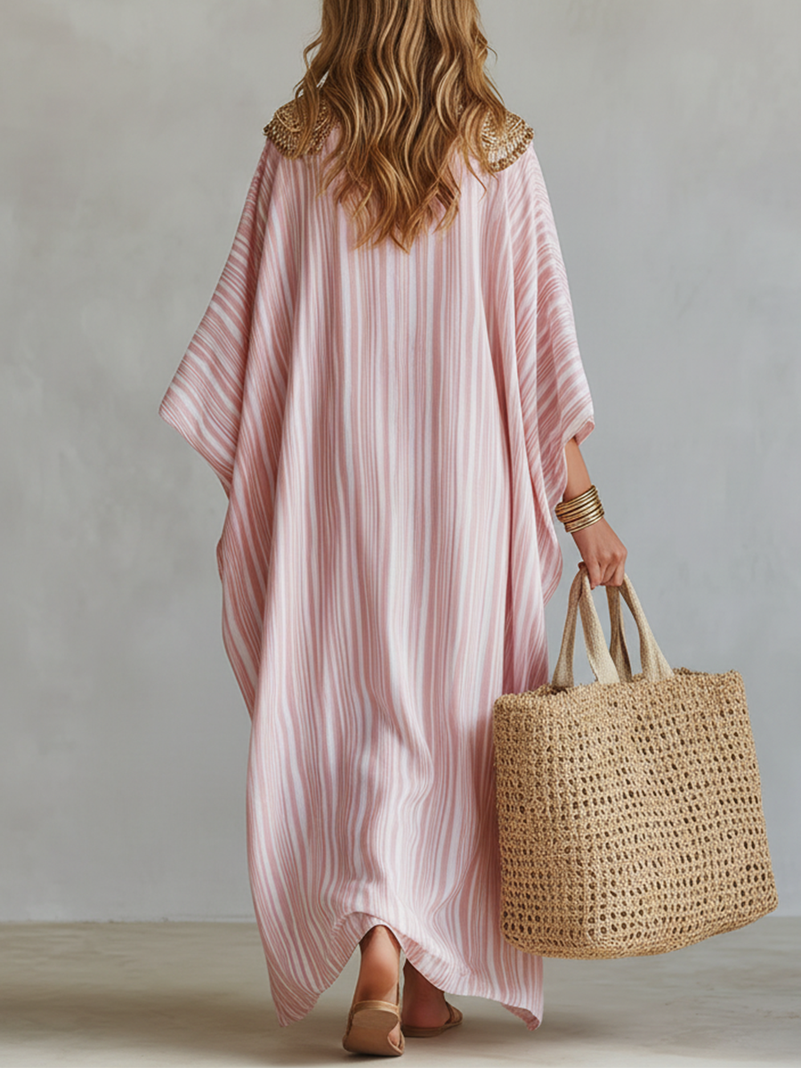 Kaftan | Soft Pink Striped Boho Vacation Maxi Dress