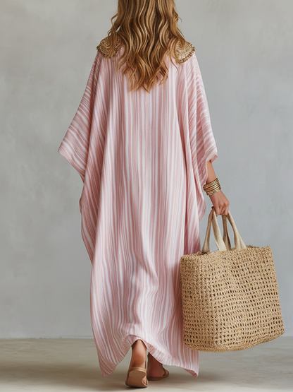 Kaftan | Soft Pink Striped Boho Vacation Maxi Dress
