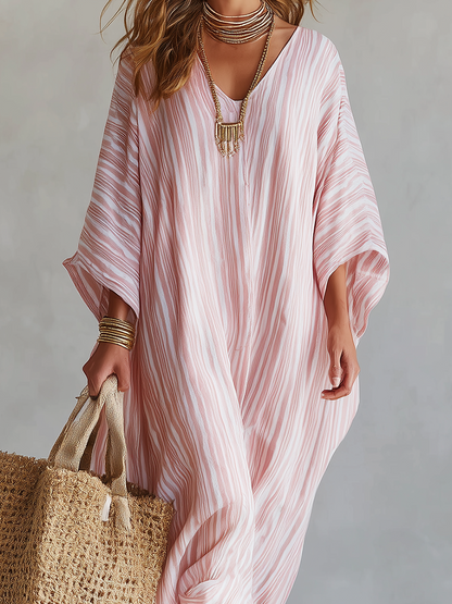 Kaftan | Soft Pink Striped Boho Vacation Maxi Dress