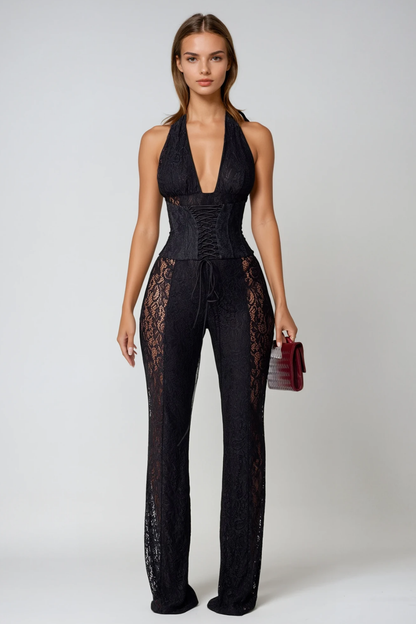 Loreli | Elegant Sleeveless Lace Halter Neck Jumpsuit