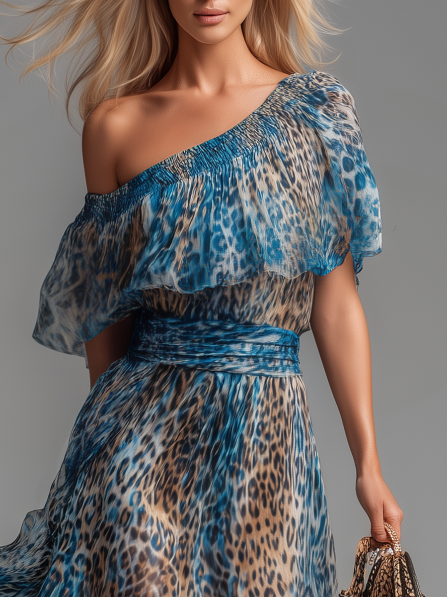 Leo | Off Shoulder Blue Leopard Print Spring Maxi Dress